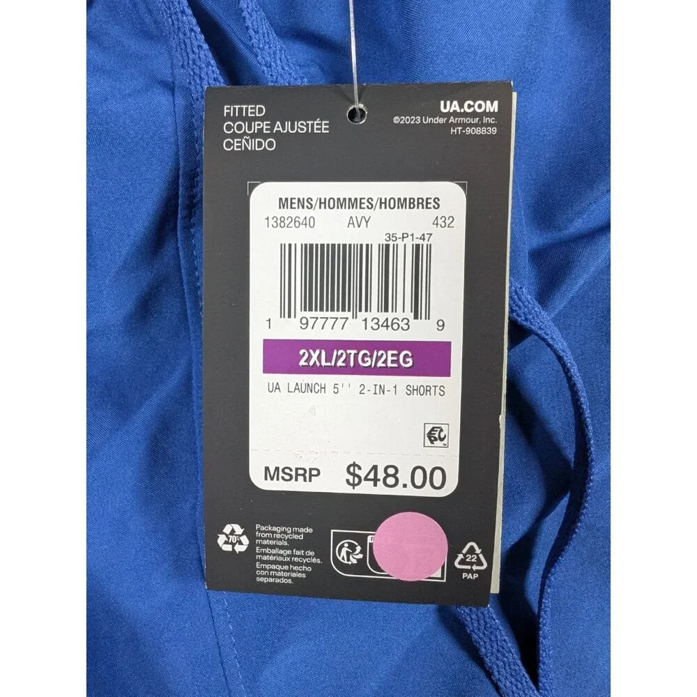 Under Armour Mens Shorts XXL Blue 2 in 1 Fitted Compression Active Performance